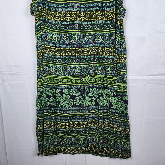 Vtg 90s Y2K Erika Dress Rayon Maxi Button Front Floral Tropical Green Blue Sz L - Picture 4 of 13